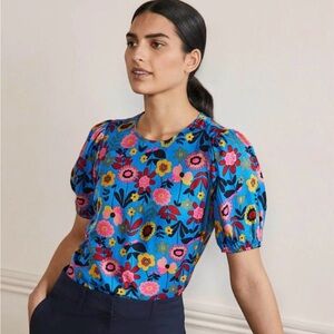 Boden Adrianna Puff Sleeve Blouse Floral Blue Whimsical Romantic Cottagecore